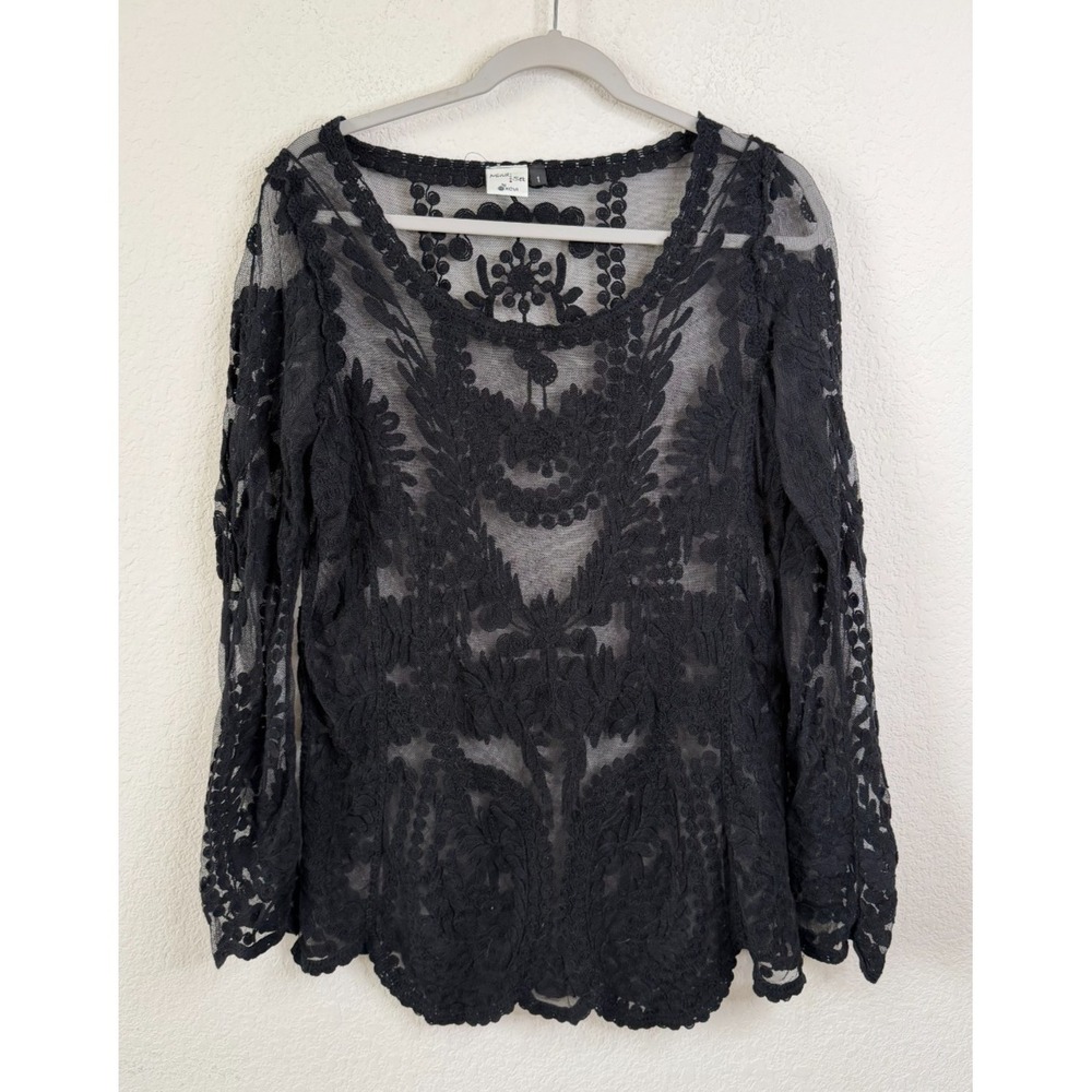 Mindset by XCVI Black Lace Sheer Top Sz 1 S/M Crochet Mesh Romantic Whimsigoth